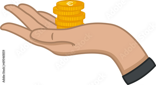 Stack of Gold Euro Coins on the Palm. Vector Illustration of Money. Financial Bonuses and Benefits, Cashback, Help, Donations, and Charity Concept