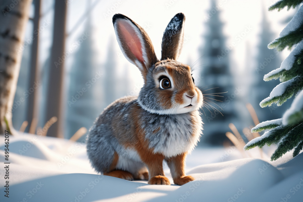Cute gray hare in a beautiful snowy winter forest - Cartoon style Cute gray hare in a beautiful snowy winter forest - Cartoon style