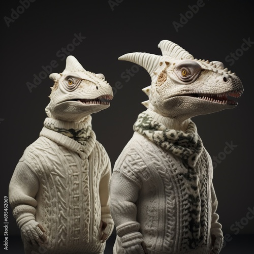 two dinosaurs wearing sweaters and sweaters