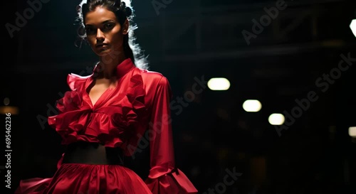 A young woman in an elegant red dress with voluminous sleeves and ruffles is standing in dramatic lighting on the catwalk. photo