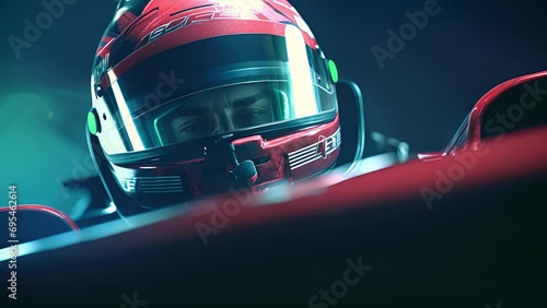 Portrait of sports car racer with helmet.  Created with generative AI photo