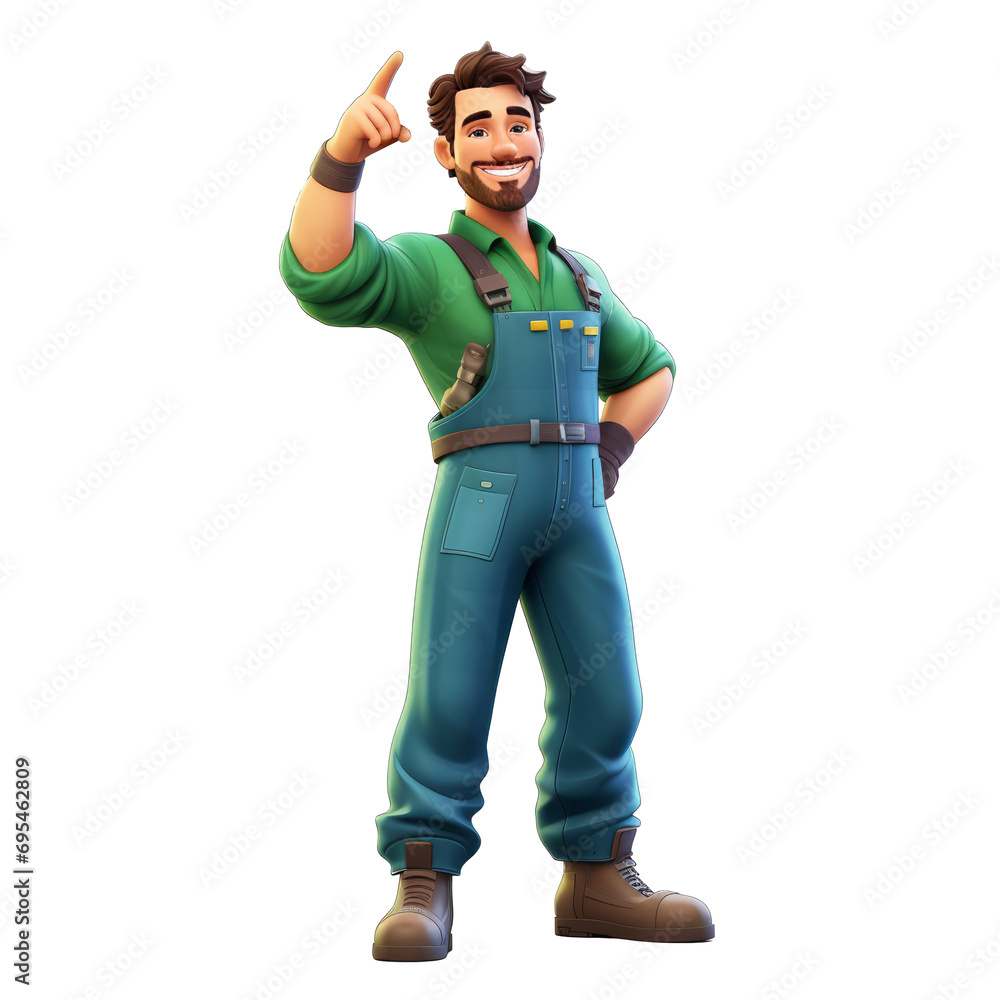 Character man builder with smile, in construction overalls green color in character poses in children's book illustration style, render Cinema 3D illustration on white background. Character man builder with smile, in construction overalls green color in character poses in children's book illustration style, render Cinema 3D illustration on white background.