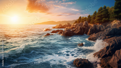 A mesmerizing HD image showcasing a sea coast after sunrise, with rocks, inviting blue water, and a radiant sunny sky, creating an enchanting natural seasonal summer hipster background.