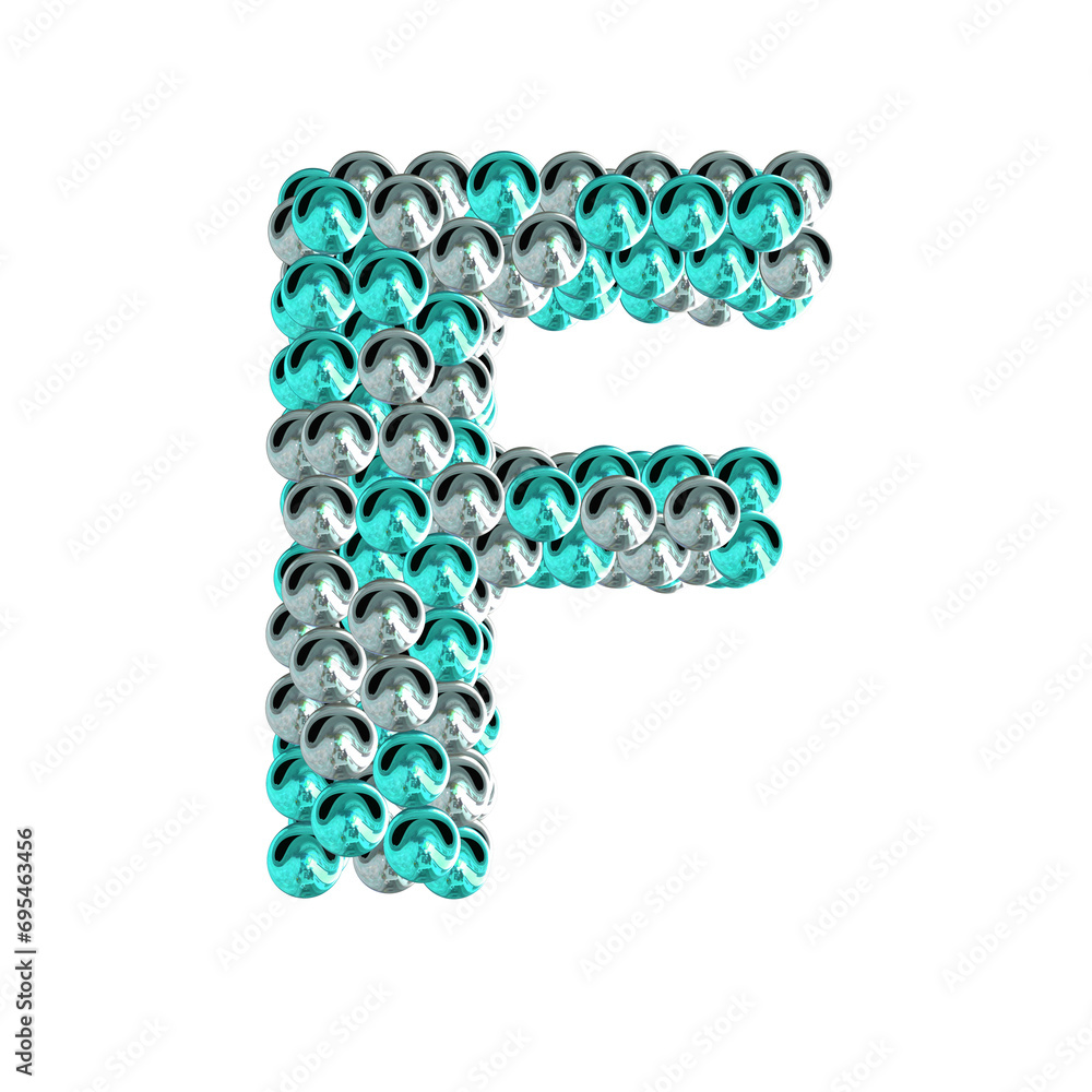 Symbol of turquoise and silver spheres. letter f Symbol of turquoise and silver spheres. letter f