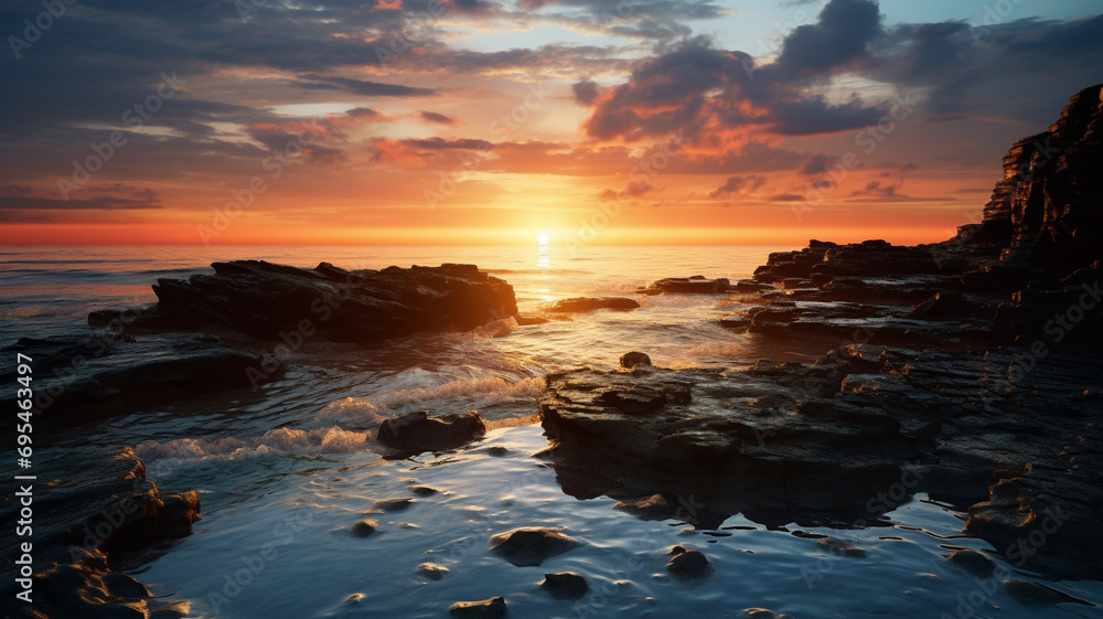 A mesmerizing HD image showcasing the tranquility of dawn, with sea waves creating a rhythmic melody on a deserted rocky beach, evoking a sense of peaceful solitude.
