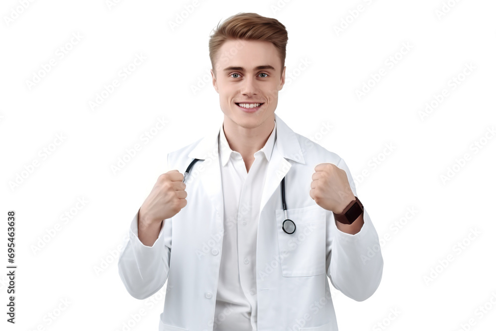 African man holds a fist up. Smiling. Doctor clothes. white background African man holds a fist up. Smiling. Doctor clothes. white background