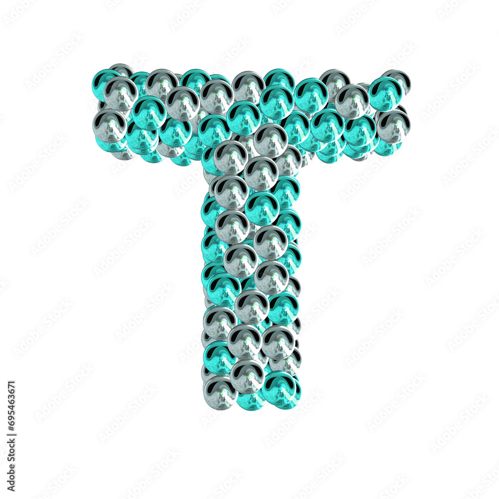 Symbol of turquoise and silver spheres. letter t Symbol of turquoise and silver spheres. letter t