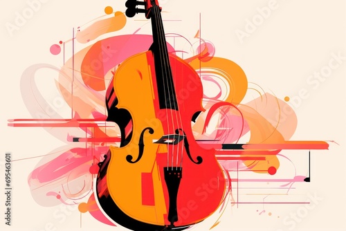  a close up of a violin on a white background with a red and orange design on the front of the violin and the back of the violin is in the foreground.