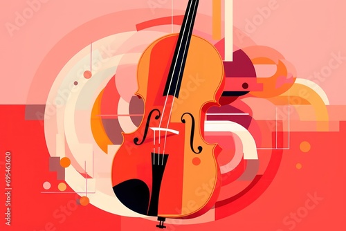  a violin sitting on top of a red floor next to a white and black object with circles around it and a red and pink background with circles around the strings.