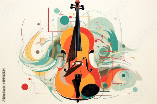  a drawing of a violin with a funny face on it's violin strings are in front of a white background with colorful circles and swirls around the violin.