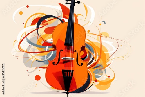  a violin sitting on top of a table next to an orange and white swirly design on the back of the violin  with a white background of orange and black swirls and white circles.