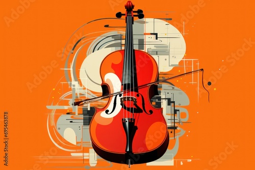  a close up of a violin on an orange background with swirls and circles in the shape of a circle and rectangles in the shape of a rectangle.