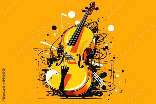  a violin on a yellow background with a splash of paint on the bottom of the violin and the bottom of the violin is black, white, red, orange, yellow, and black, and white.
