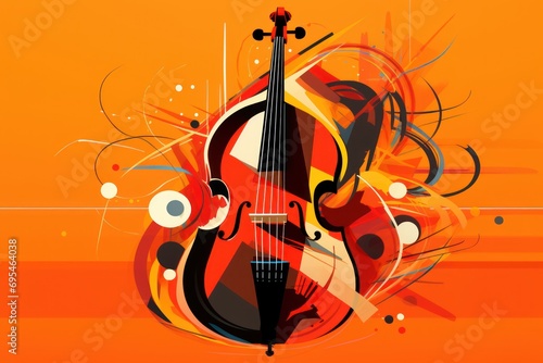  a violin on an orange background with swirls and circles in the shape of an abstract design on the front of the violin is a black  white  red  black  yellow  and orange  and black  and white  and.