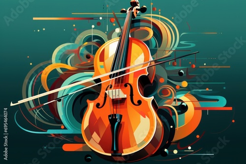  a violin with a long neck and a bow on a green background with swirls and circles around it and a blue background with orange and white swirls around it.