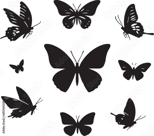 Silhouette Solid Vector Icon Set Of butterflies, Moth, Lepidopteran, Insect, Papillon.