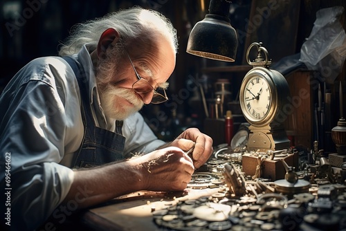 grey-haired elder senior watchmaker repairing an old watch