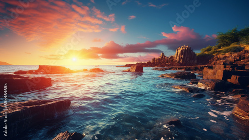 A mesmerizing HD image showcasing a sea coast after sunrise, with rocks, inviting blue water, and a radiant sunny sky, creating an enchanting natural seasonal summer hipster background. © Zeeshan Qazi