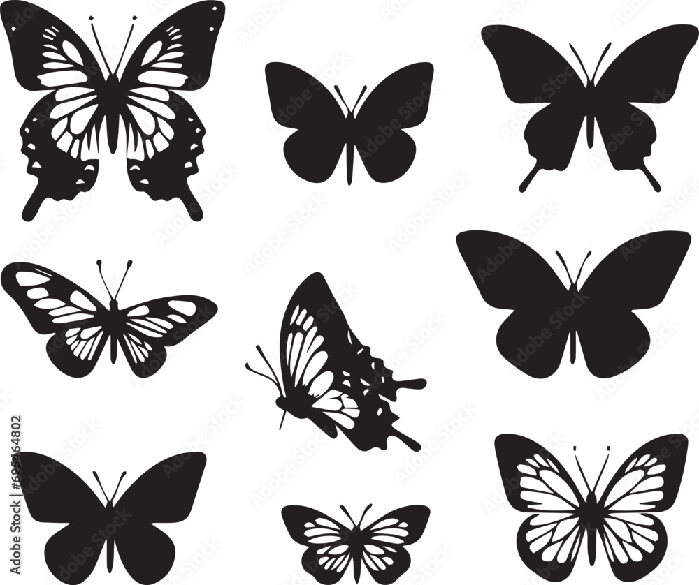 Silhouette Solid Vector Icon Set Of butterflies, Moth, Lepidopteran, Insect, Papillon. Silhouette Solid Vector Icon Set Of butterflies, Moth, Lepidopteran, Insect, Papillon.