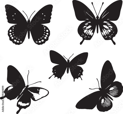 Silhouette Solid Vector Icon Set Of butterflies, Moth, Lepidopteran, Insect, Papillon.