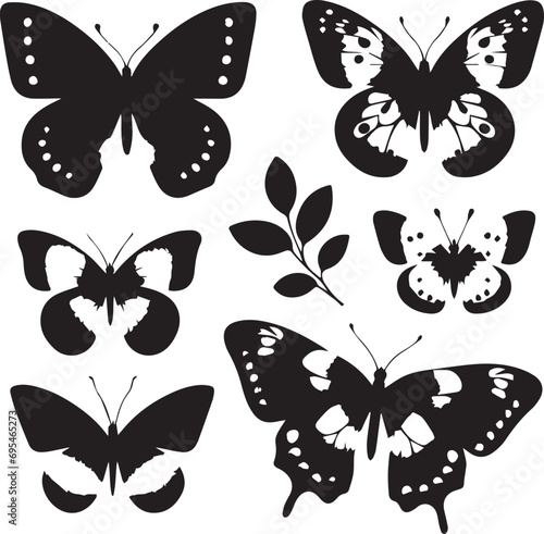 Silhouette Solid Vector Icon Set Of butterflies, Moth, Lepidopteran, Insect, Papillon.