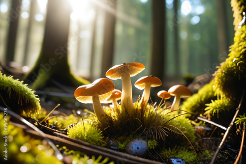 Mushrooms growing in the forest on mossy ground with sunligh photo