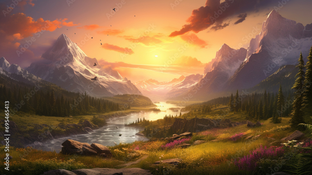 A mesmerizing scene of a mountain valley embraced by the warmth of sunrise during the summer, creating a stunning and realistic natural landscape captured in high definition clarity.