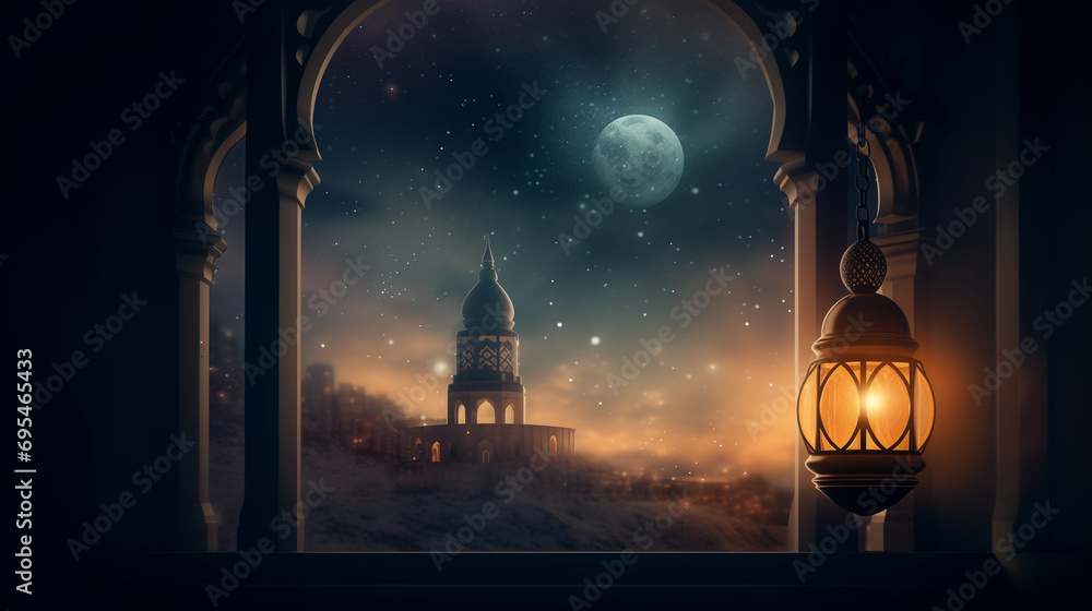 Calligraphic Mystical Window With Crescent Moon In Night, Lantern, Ramadan Kareem, Generative Ai