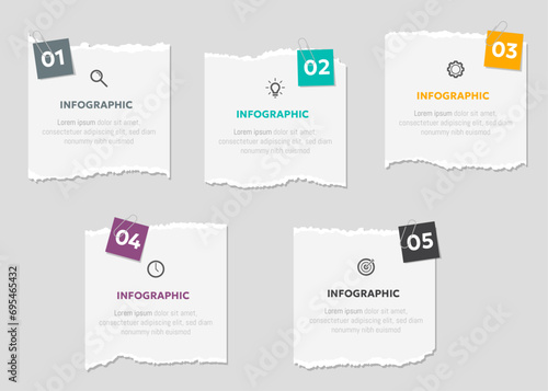 Vector illustration paper cut note infographic template with 5 options or step icons.