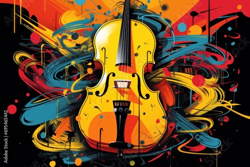  a painting of a violin on a black background with a splash of paint on the bottom of the violin and the bottom of the violin has a microphone in the foreground.