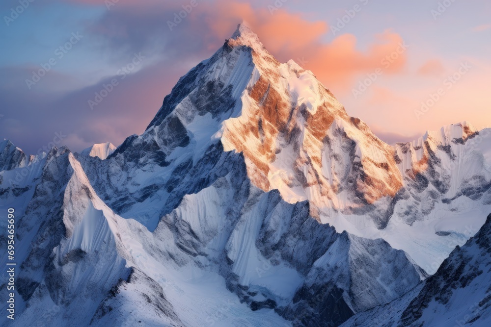  a very tall mountain covered in snow under a pink and blue sky with a few clouds in the sky and a few clouds in the sky with a few clouds in the top of the top of the top of the mountain.