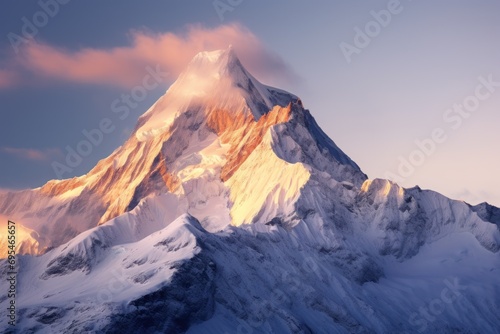  the top of a snow covered mountain with a cloud in the sky in the foreground and a pink and yellow light in the middle of the top of the mountain.