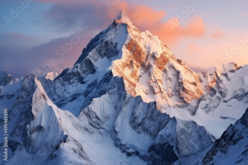  a very tall mountain covered in snow under a pink and blue sky with a few clouds in the sky and a few clouds in the sky with a few clouds in the top of the top of the top of the mountain. © Nadia