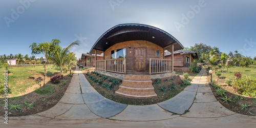 360 hdri panorama with coconut trees near wooden tourist eco houses in equirectangular spherical seamless projection