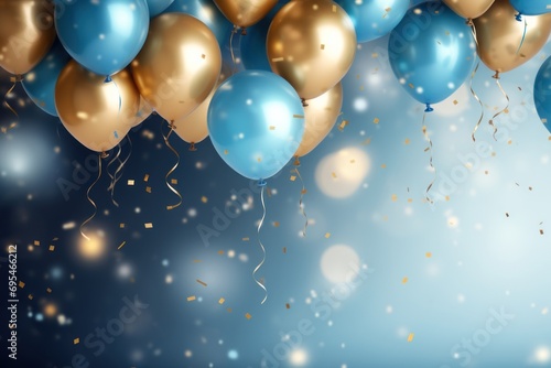  a bunch of blue and gold balloons with confetti and streamers on a blue background with gold and silver confetti on the bottom of the balloons.