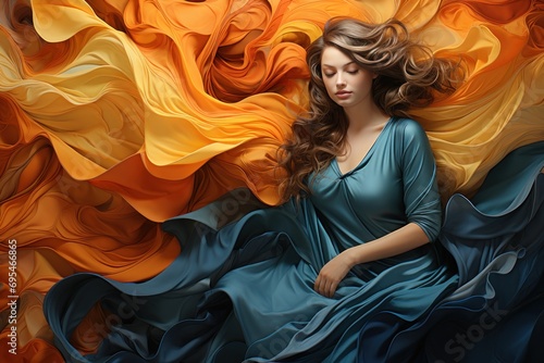  a painting of a woman in a blue dress sitting in front of a yellow and orange background with her eyes closed and her hair in the wind blowing in the wind.