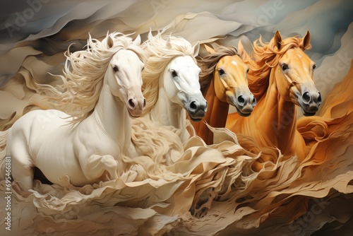  a painting of three white horses running through a field of brown and white horses with their hair blowing in the wind, with a black and white horse in the foreground. photo