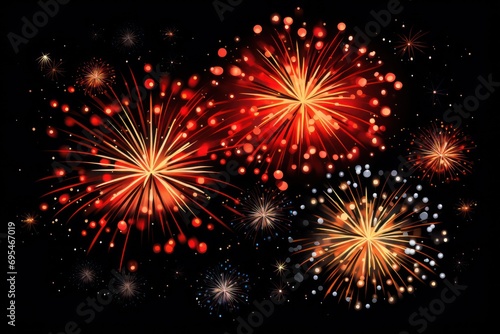  a firework display in the night sky with red, yellow, and white fireworks in the foreground and on the right side of the image is a black background.