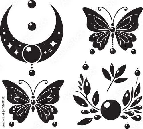 Silhouette Solid Vector Icon Set Of butterflies, Moth, Lepidopteran, Insect, Papillon.
