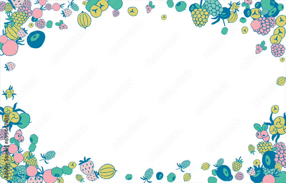 Frame of bright juicy berries. Frame with natural products. Empty space for text. Also can be used as banner, flyer, texture, poster. Hand drawing. Vector background. Illustration Frame of bright juicy berries. Frame with natural products. Empty space for text. Also can be used as banner, flyer, texture, poster. Hand drawing. Vector background. Illustration