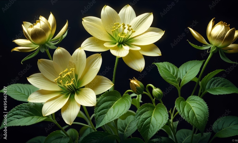 green and golden flowers on black background, Generative AI