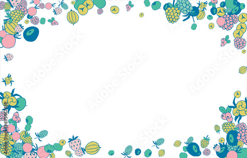 Frame of bright juicy berries. Frame with natural products. Empty space for text. Also can be used as banner, flyer, texture, poster. Hand drawing. Vector background. Illustration