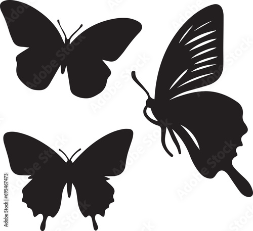Silhouette Solid Vector Icon Set Of butterflies, Moth, Lepidopteran, Insect, Papillon.
