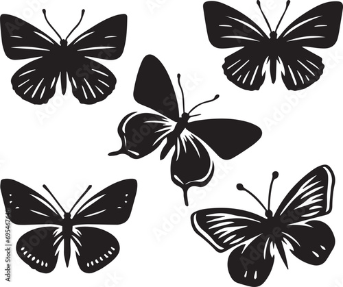 Silhouette Solid Vector Icon Set Of butterflies, Moth, Lepidopteran, Insect, Papillon.