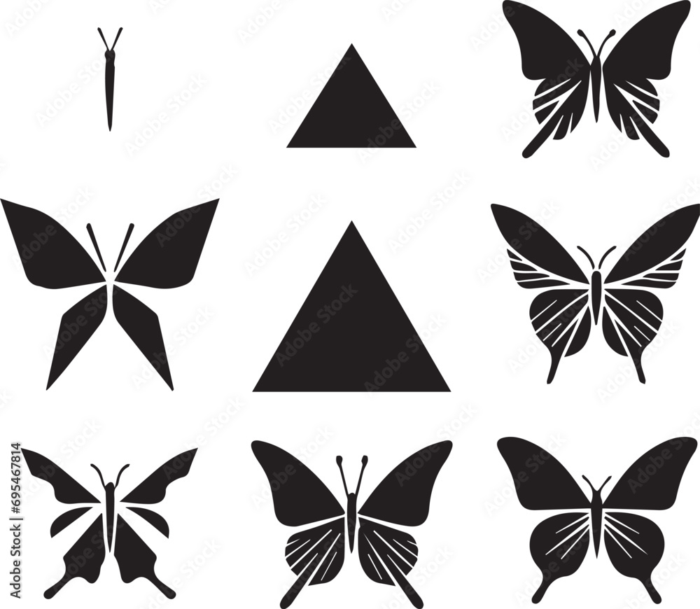 Silhouette Solid Vector Icon Set Of butterflies, Moth, Lepidopteran, Insect, Papillon. - obrazy, fototapety, plakaty 