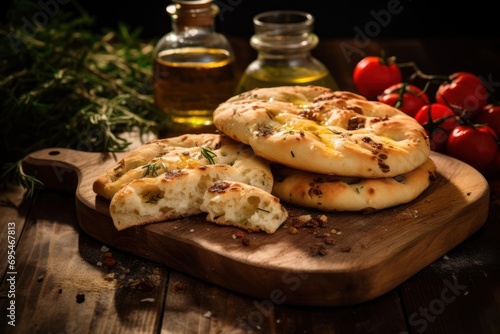  a close up of a pizza on a cutting board with tomatoes and olives next to a bottle of olive oil and a cutting board with olives on it.