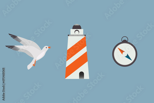 Cartoon vector set on blue background. Lighthouse, seagull and compass.  © Larisa