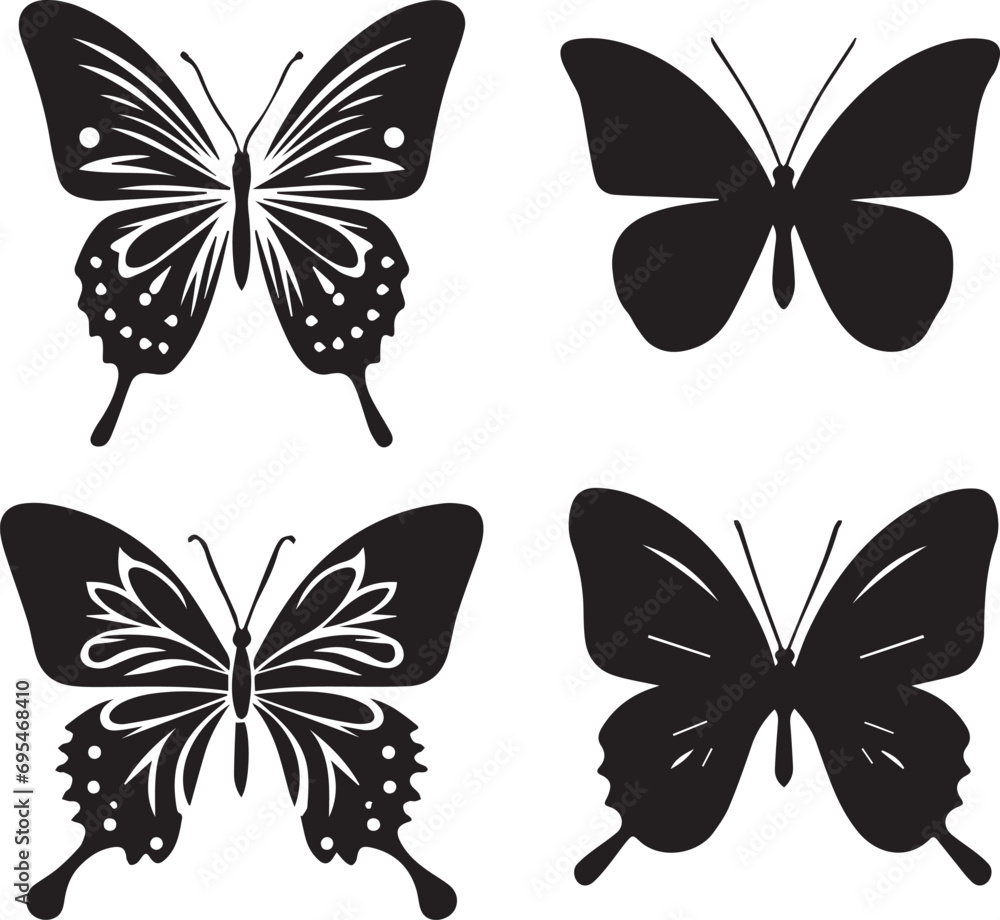 Fototapeta premium Silhouette Solid Vector Icon Set Of butterflies, Moth, Lepidopteran, Insect, Papillon.