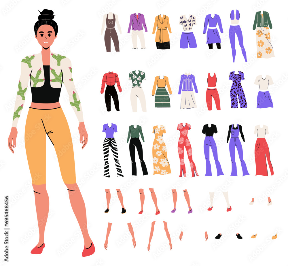 Girl in trendy flat style. Background. Poses. Jeans. Woman. Body part. Creation options and character composition. Cartoon person. Isolated. Set of clothes. Different emotions and gestures. 