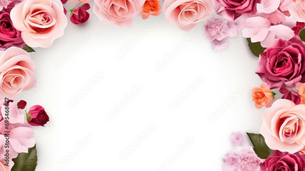 A frame of roses with floral decorations on a white background, free space for text